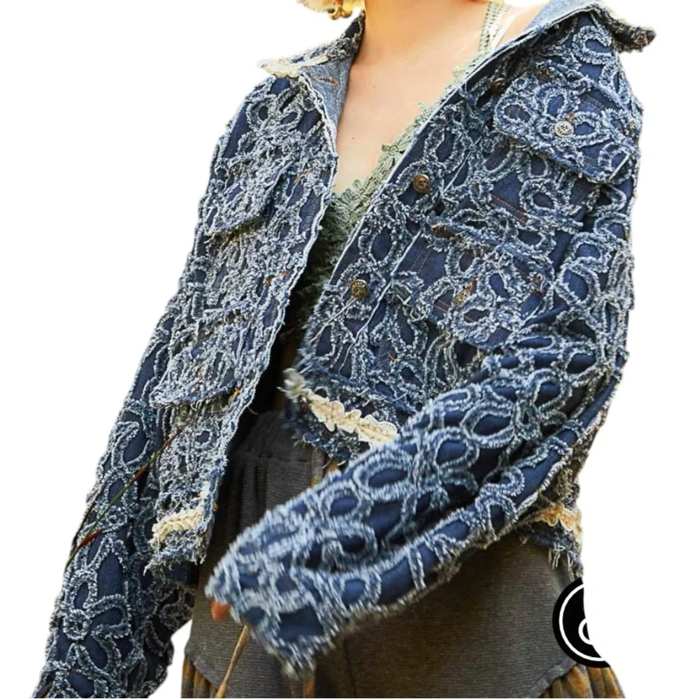 POL / Textured Denim Jacket / Boho Floral Denim Coat - Picture 2 of 3